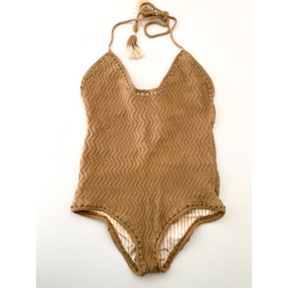 She Made Me Crocheted Knit Brown One-Piece Bathing Swimsuit Women's Size Small